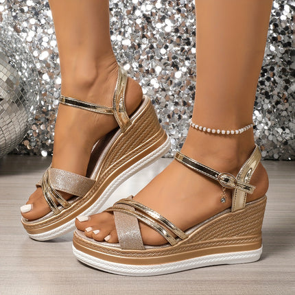 Sandálias de Cunha Elegantes Bege e Dourado