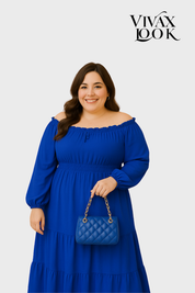 Vestido Plus Size Manga Longa Com Lastex