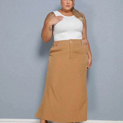 Saia Longa Linho Fenda Plus Size