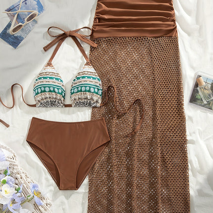 Conjunto de Biquíni Elegante Plus-Size 3pcs com Crochê