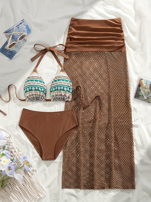 Conjunto de Biquíni Elegante Plus-Size 3pcs com Crochê