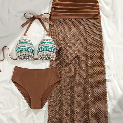 Conjunto de Biquíni Elegante Plus-Size 3pcs com Crochê