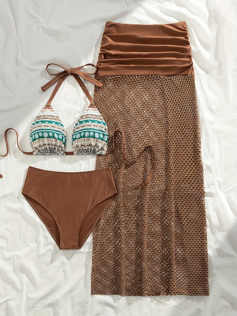 Conjunto de Biquíni Elegante Plus-Size 3pcs com Crochê