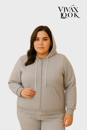 Moletom Plus Size Com Ziper Capuz e  Bolso