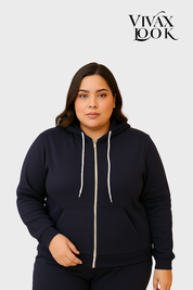 Moletom Plus Size Com Ziper Capuz e  Bolso