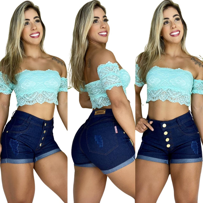 Shorts Jeans Cintura Alta Lycra 4 Botões