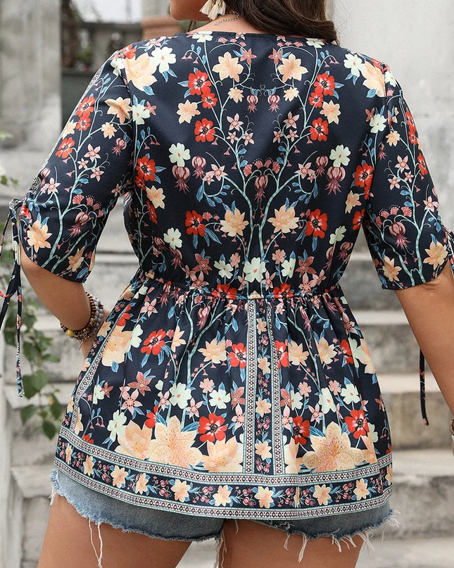 Gibsie plus size floral impressão gravata manga curta com decote em v topo feminino verão 2025 casual estilo de férias elástico boho blusas femininas