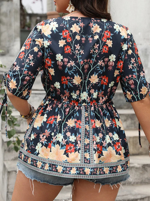 Gibsie plus size floral impressão gravata manga curta com decote em v topo feminino verão 2025 casual estilo de férias elástico boho blusas femininas