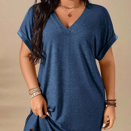 【Tamanho Plus】 Vestido de cor sólida com decote em V, vestido casual de manga curta para o verão, roupas femininas plus para uso diário