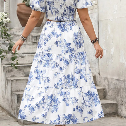 2025 verão das mulheres plus size saias outfits floral impressão com decote em v manga curta topos cintura elástica saias longas roupas 2 peças conjunto
