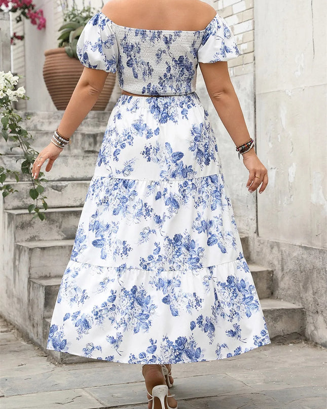 2025 verão das mulheres plus size saias outfits floral impressão com decote em v manga curta topos cintura elástica saias longas roupas 2 peças conjunto