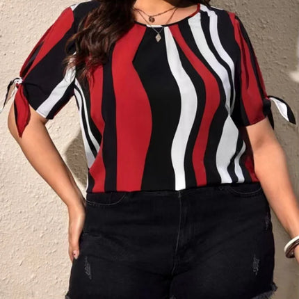 GIBSIE-Blusa feminina listrada de manga curta em o pescoço, tops casuais femininos, roupas soltas, gravata de fenda, plus size, moda coreana, verão, 2024