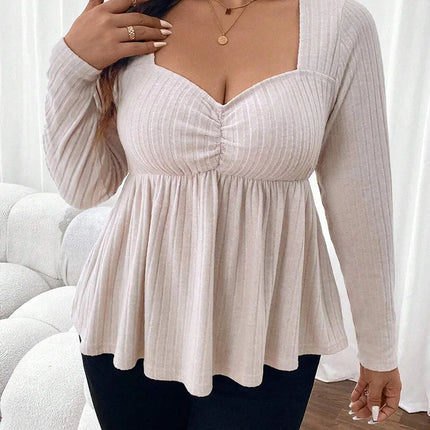 Gibsie plus size querida pescoço sólido peplum blusa feminina primavera outono manga longa estilo americano elegante magro curto topo
