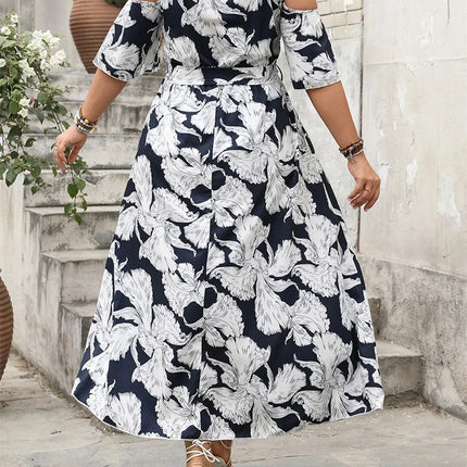 Vestido longo feminino plus size moda estampa ombro frio manga curta decote em V vestido dividido alto com cinto