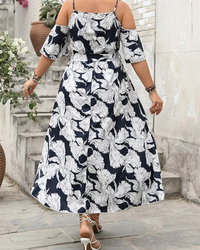 Vestido longo feminino plus size moda estampa ombro frio manga curta decote em V vestido dividido alto com cinto