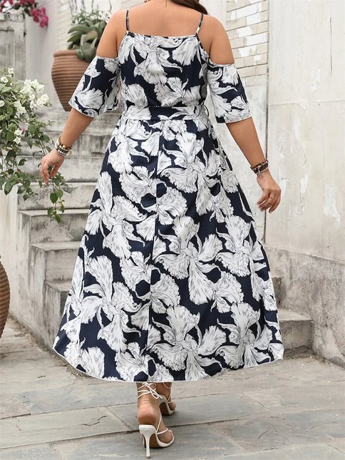 Vestido longo feminino plus size moda estampa ombro frio manga curta decote em V vestido dividido alto com cinto