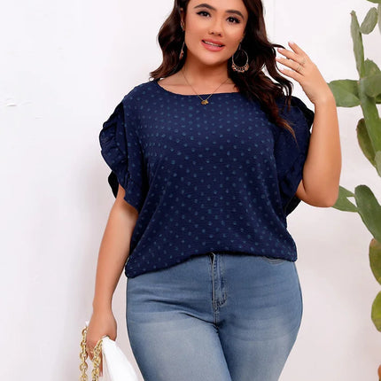 GIBSIE-blusa de manga plissada suíça tamanho grande para mulheres, blusa de verão boho casual sólida, gola redonda, camisa solta de manga curta, tops