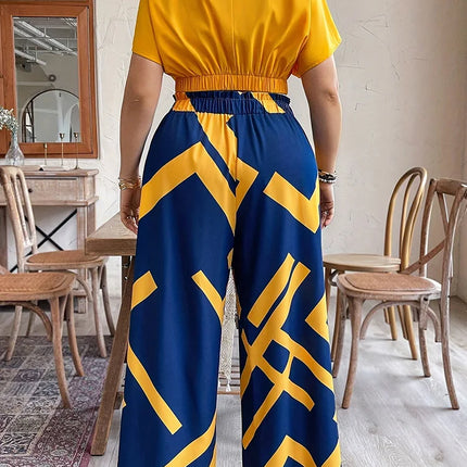 Gibsie conjunto de calças plus size feminino verão com decote em v manga curta colheita topo impresso gravata frente calças largas perna férias conjunto de duas peças
