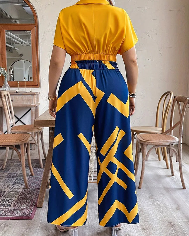 Gibsie conjunto de calças plus size feminino verão com decote em v manga curta colheita topo impresso gravata frente calças largas perna férias conjunto de duas peças
