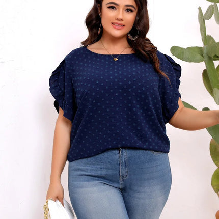 GIBSIE-blusa de manga plissada suíça tamanho grande para mulheres, blusa de verão boho casual sólida, gola redonda, camisa solta de manga curta, tops