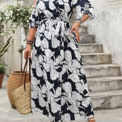 Vestido longo feminino plus size moda estampa ombro frio manga curta decote em V vestido dividido alto com cinto
