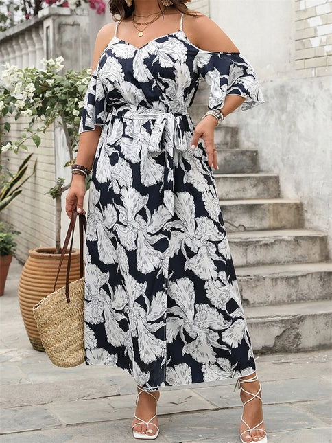 Vestido longo feminino plus size moda estampa ombro frio manga curta decote em V vestido dividido alto com cinto