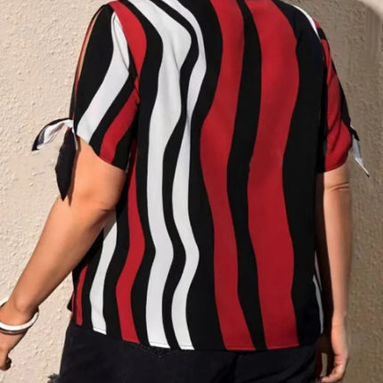 GIBSIE-Blusa feminina listrada de manga curta em o pescoço, tops casuais femininos, roupas soltas, gravata de fenda, plus size, moda coreana, verão, 2024