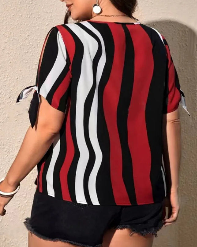 GIBSIE-Blusa feminina listrada de manga curta em o pescoço, tops casuais femininos, roupas soltas, gravata de fenda, plus size, moda coreana, verão, 2024
