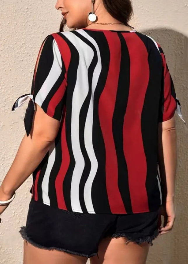 GIBSIE-Blusa feminina listrada de manga curta em o pescoço, tops casuais femininos, roupas soltas, gravata de fenda, plus size, moda coreana, verão, 2024