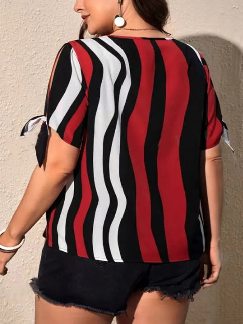 GIBSIE-Blusa feminina listrada de manga curta em o pescoço, tops casuais femininos, roupas soltas, gravata de fenda, plus size, moda coreana, verão, 2024