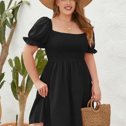 GIBSIE Plus Size Praça Pescoço Shirred Puff Vestido de Manga Mulheres 2023 Verão Cintura Alta Doce Férias Casuais A linha Vestidos Curtos