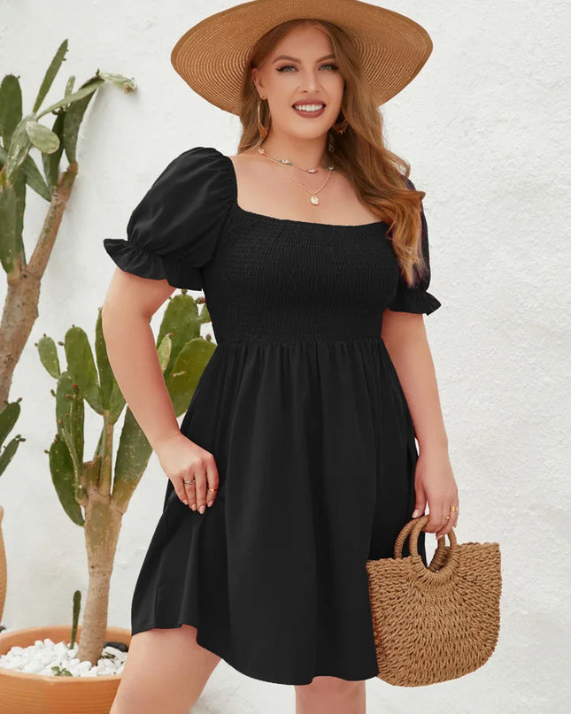 GIBSIE Plus Size Praça Pescoço Shirred Puff Vestido de Manga Mulheres 2023 Verão Cintura Alta Doce Férias Casuais A linha Vestidos Curtos