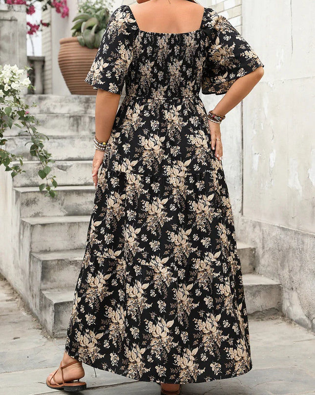 Gibsie plus size quadrado pescoço floral impressão maxi vestido feminino verão 2025 nó frente oco para fora boho férias grandes vestidos de balanço