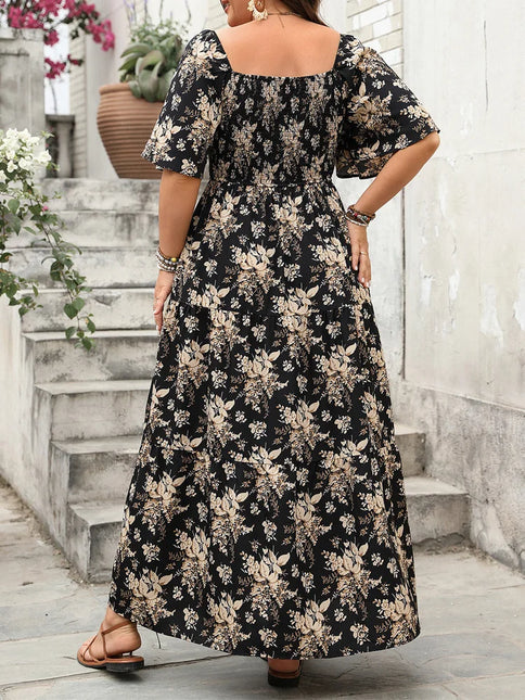 Gibsie plus size quadrado pescoço floral impressão maxi vestido feminino verão 2025 nó frente oco para fora boho férias grandes vestidos de balanço