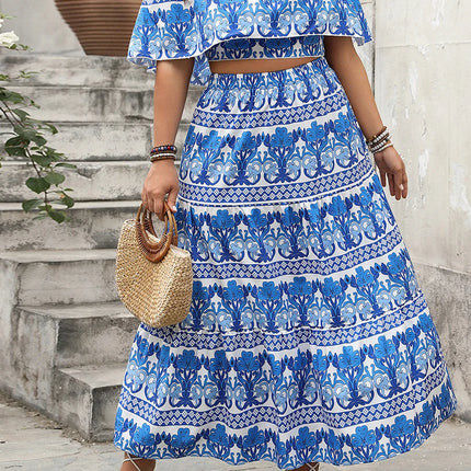 Feminino retro boho padrão azul impressão fora do ombro recortado topo cintura elástica casual a linha saias longas conjuntos de duas peças plus size