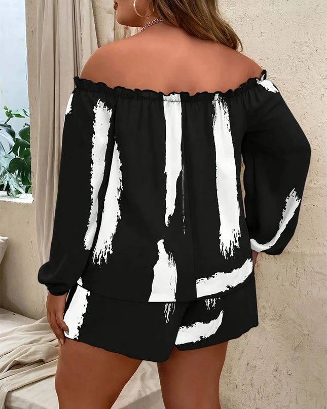GIBSIE-manga comprida fora do ombro tops e shorts para mulheres, plus size, casual, roupas femininas, primavera, verão, férias, 2 peças