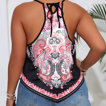 Gibsie plus size paisley impressão sexy halter topo feminino verão gravata sem costas boho topos férias praia sem mangas cami topo feminino