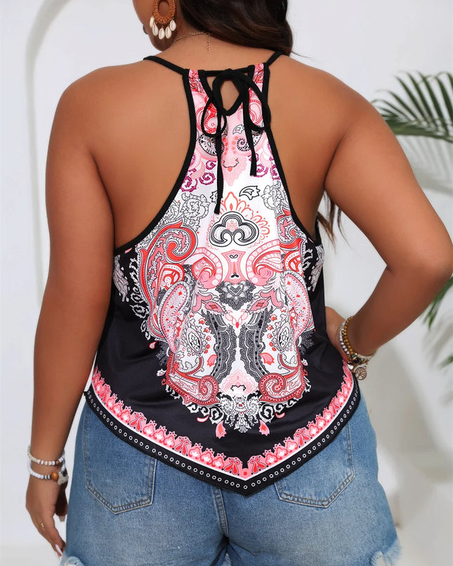 Gibsie plus size paisley impressão sexy halter topo feminino verão gravata sem costas boho topos férias praia sem mangas cami topo feminino