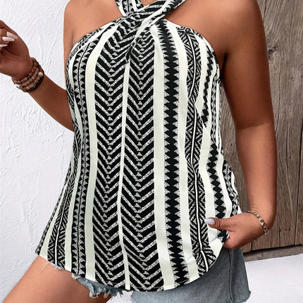 Gibsie plus size moda listrado sem mangas halter topo feminino verão férias estilo solto casual fechadura volta senhoras blusas