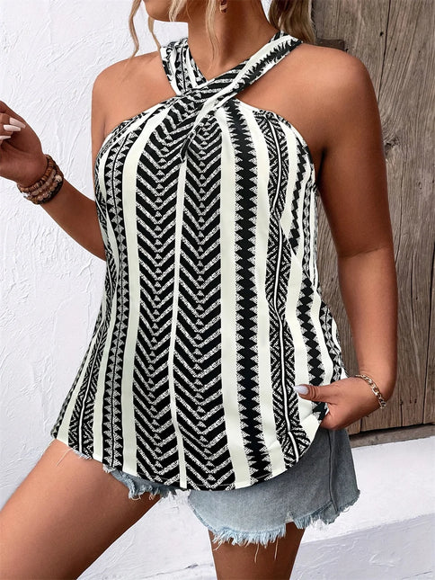 Gibsie plus size moda listrado sem mangas halter topo feminino verão férias estilo solto casual fechadura volta senhoras blusas