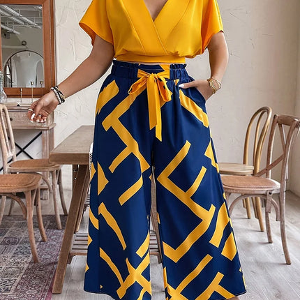 Gibsie conjunto de calças plus size feminino verão com decote em v manga curta colheita topo impresso gravata frente calças largas perna férias conjunto de duas peças