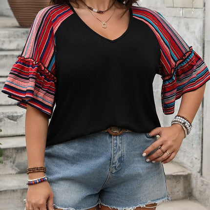 Gibsie plus size solto com decote em v listra manga alargada topo moda feminina 2025 verão boho meia manga feminino casual blusa de férias