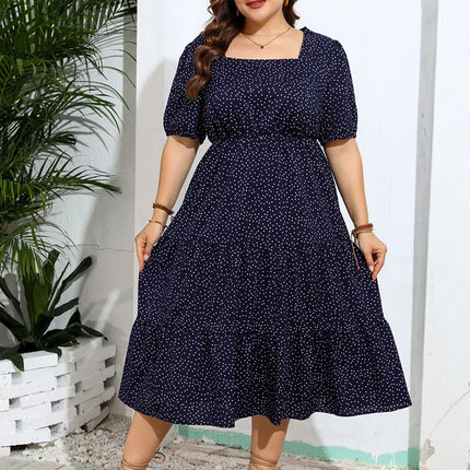 GIBSIE-vestido feminino de bolinhas com gola quadrada, tamanho grande, bainha longa de babados, vintage, casual, feriado, verão, 2024