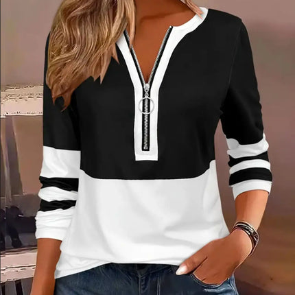 Blusa Feminina Listrada com Decote em V e Zíper