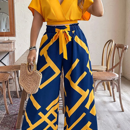 Gibsie conjunto de calças plus size feminino verão com decote em v manga curta colheita topo impresso gravata frente calças largas perna férias conjunto de duas peças