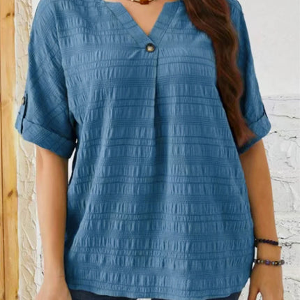 Gibsie plus size sólido botão detalhe notch pescoço blusa feminina moda 2025 novo verão meia manga casual blusas soltas topos