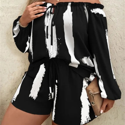 GIBSIE-manga comprida fora do ombro tops e shorts para mulheres, plus size, casual, roupas femininas, primavera, verão, férias, 2 peças