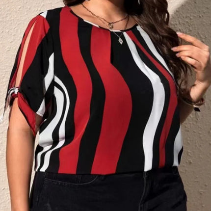 GIBSIE-Blusa feminina listrada de manga curta em o pescoço, tops casuais femininos, roupas soltas, gravata de fenda, plus size, moda coreana, verão, 2024