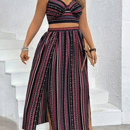 Gibsie plus size sexy sem costas colheita cami topo com alta divisão saia longa conjunto de duas peças feminino férias boêmio impressão mulher outfit