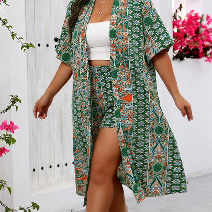 Gibsie plus size verão conjunto de duas peças para mulheres férias longo quimono cardigan com shorts estilo praia boho impressão conjuntos de roupas